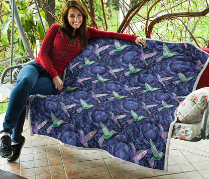 Dark Blue Floral Hummingbird Print Quilt