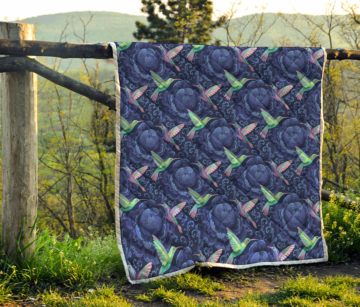Dark Blue Floral Hummingbird Print Quilt