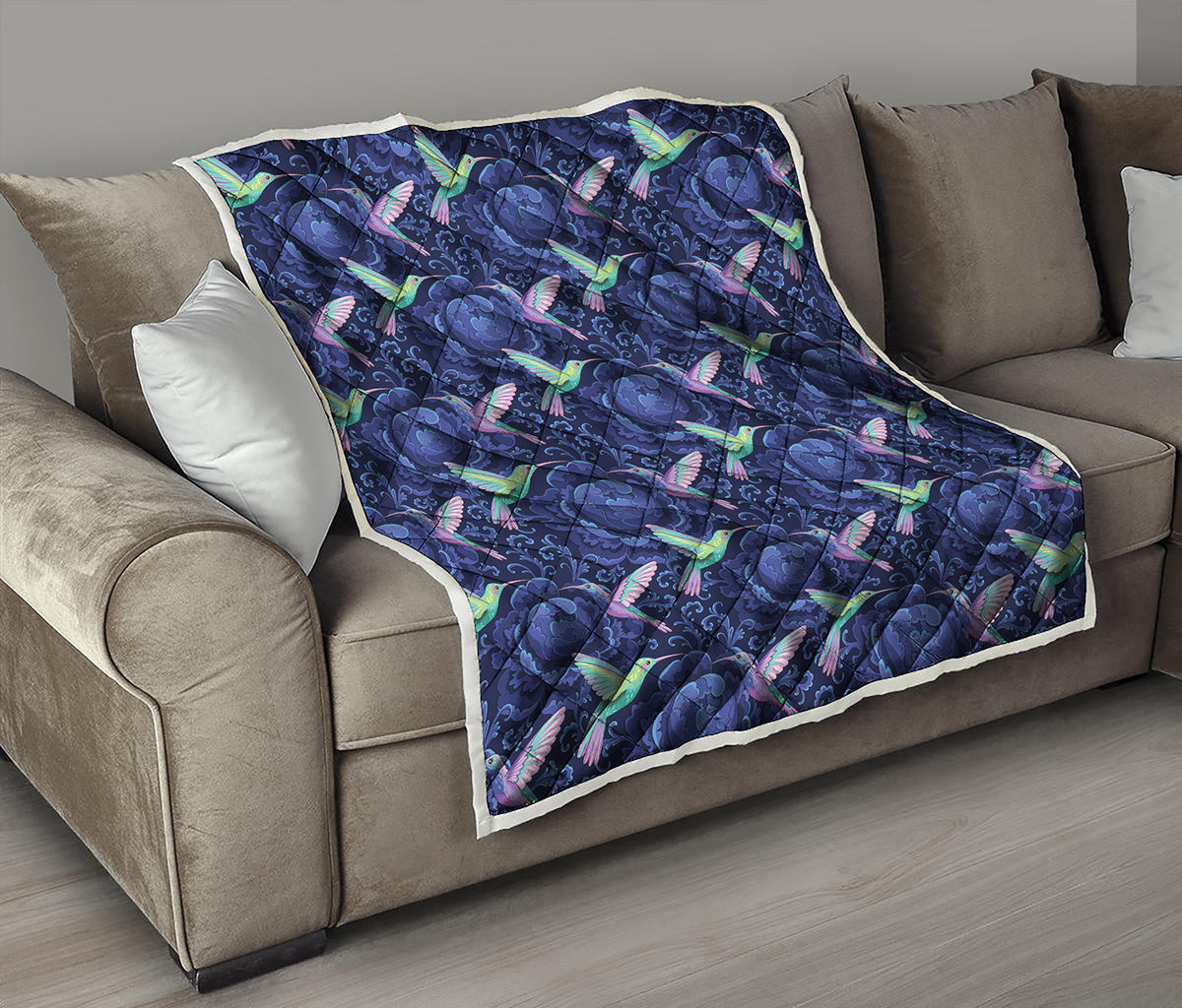 Dark Blue Floral Hummingbird Print Quilt