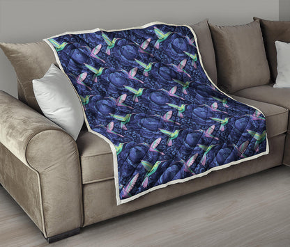 Dark Blue Floral Hummingbird Print Quilt
