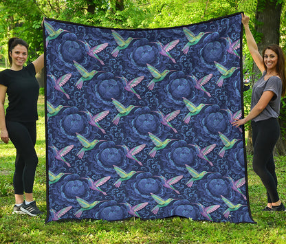 Dark Blue Floral Hummingbird Print Quilt