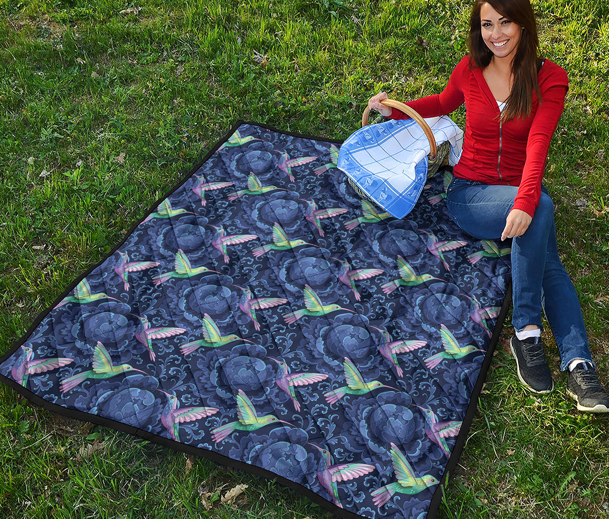 Dark Blue Floral Hummingbird Print Quilt
