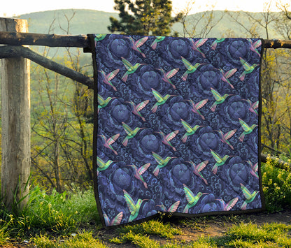 Dark Blue Floral Hummingbird Print Quilt