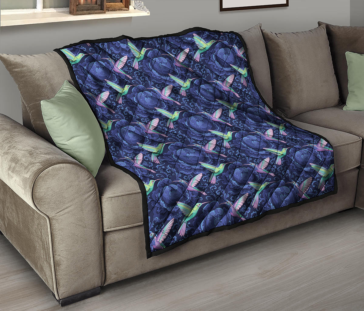 Dark Blue Floral Hummingbird Print Quilt