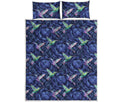 Dark Blue Floral Hummingbird Print Quilt Bed Set