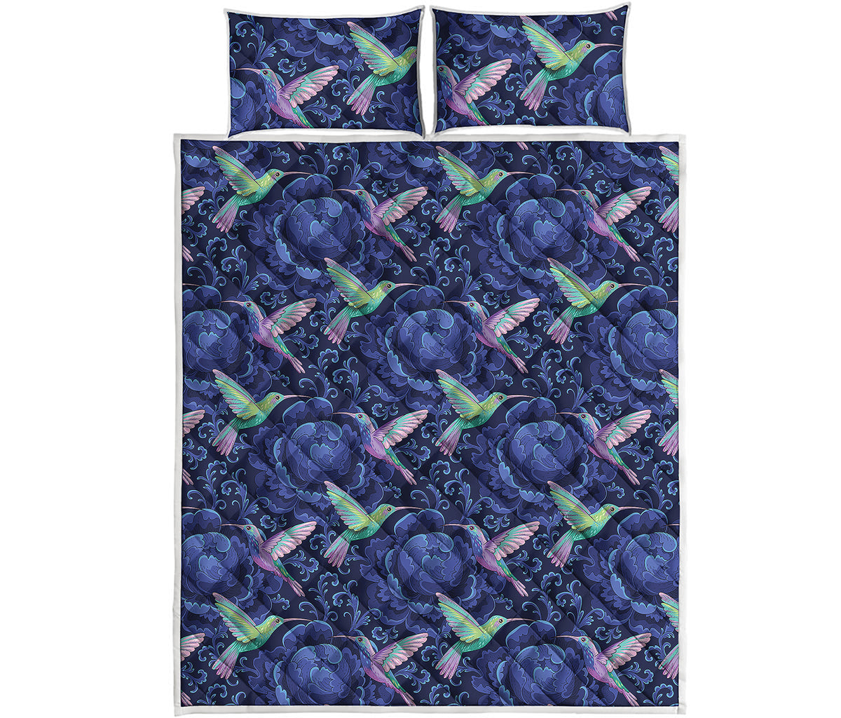 Dark Blue Floral Hummingbird Print Quilt Bed Set