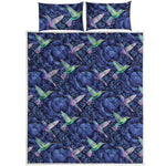 Dark Blue Floral Hummingbird Print Quilt Bed Set