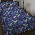 Dark Blue Floral Hummingbird Print Quilt Bed Set