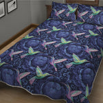 Dark Blue Floral Hummingbird Print Quilt Bed Set