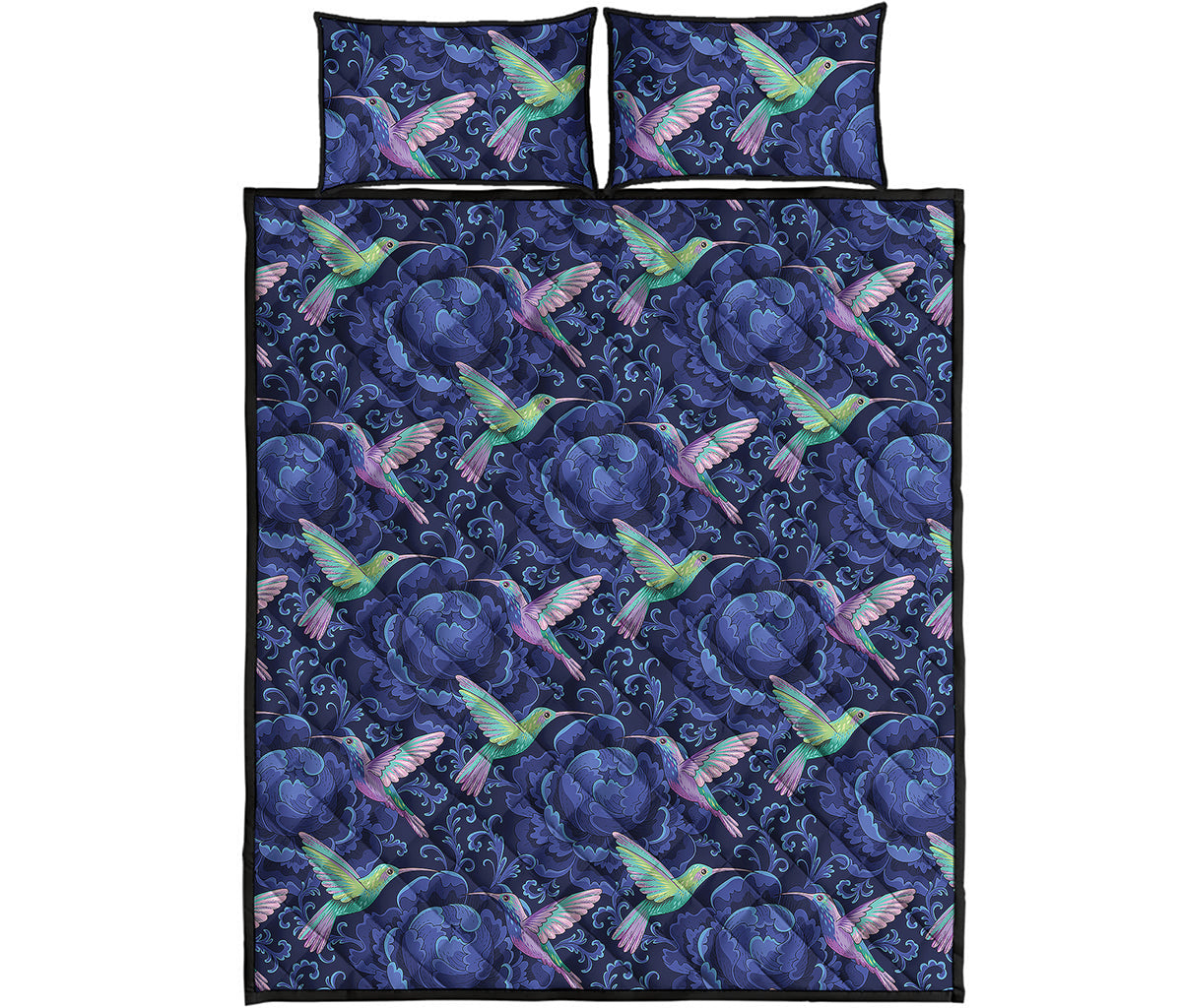 Dark Blue Floral Hummingbird Print Quilt Bed Set