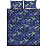 Dark Blue Floral Hummingbird Print Quilt Bed Set