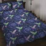 Dark Blue Floral Hummingbird Print Quilt Bed Set
