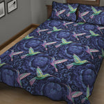 Dark Blue Floral Hummingbird Print Quilt Bed Set