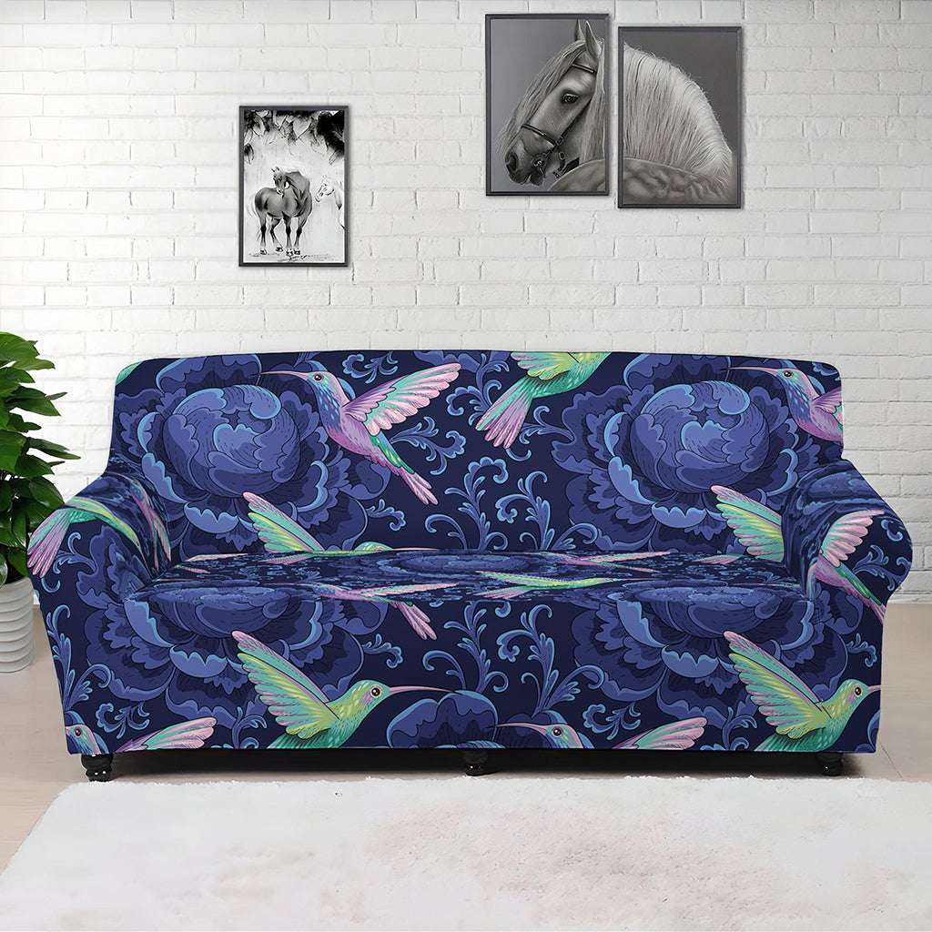 Dark Blue Floral Hummingbird Print Sofa Cover