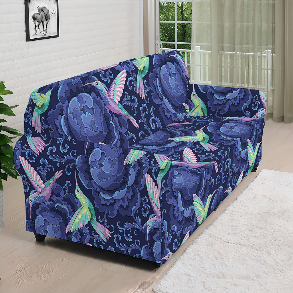 Dark Blue Floral Hummingbird Print Sofa Cover