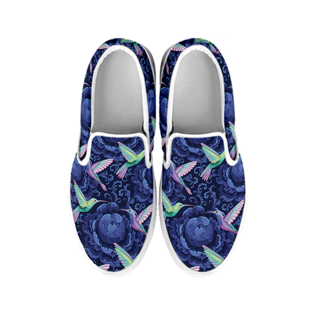 Dark Blue Floral Hummingbird Print White Slip On Shoes