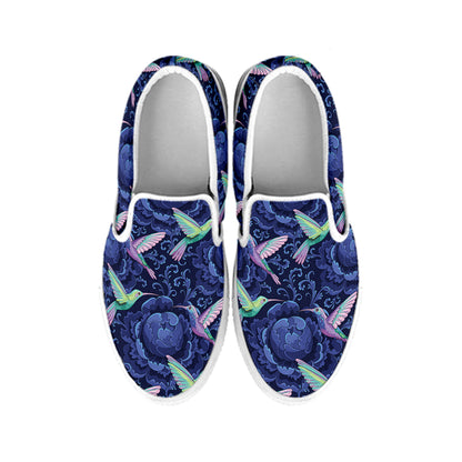 Dark Blue Floral Hummingbird Print White Slip On Shoes
