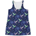 Dark Blue Floral Hummingbird Print Women's Racerback Tank Top