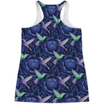 Dark Blue Floral Hummingbird Print Women's Racerback Tank Top