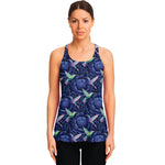 Dark Blue Floral Hummingbird Print Women's Racerback Tank Top