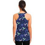 Dark Blue Floral Hummingbird Print Women's Racerback Tank Top