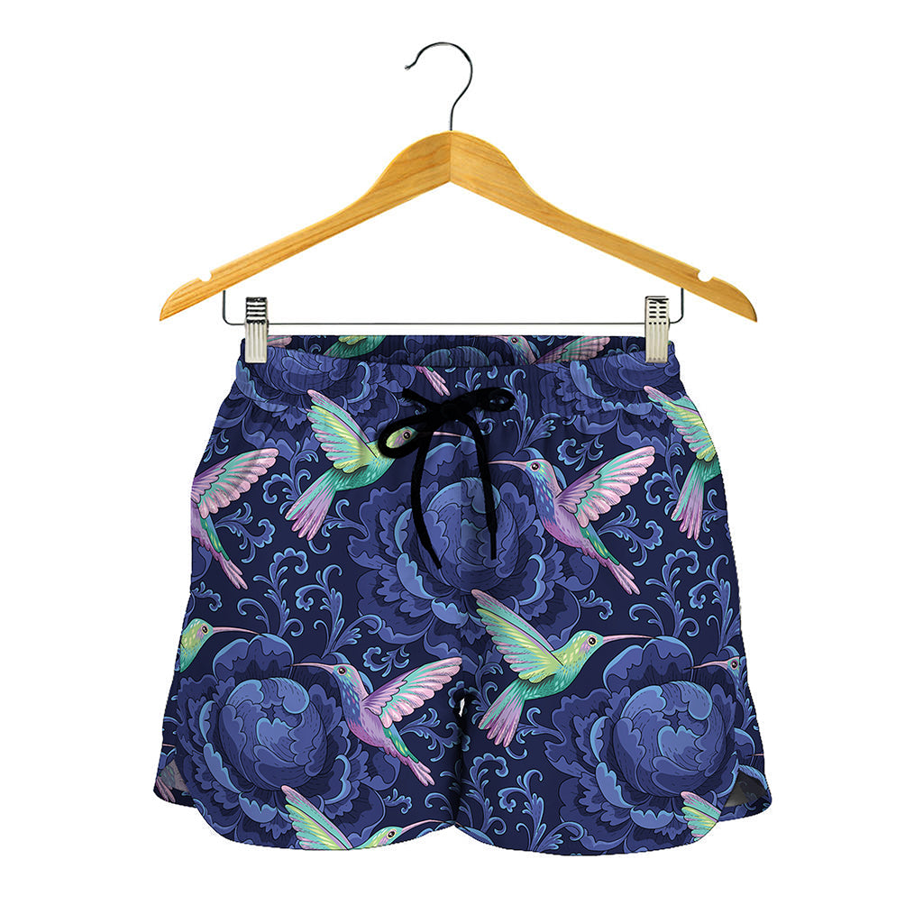 Dark Blue Floral Hummingbird Print Women's Shorts
