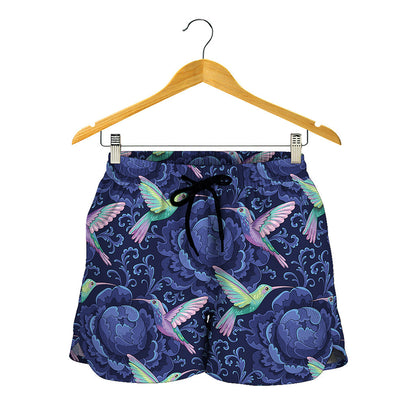 Dark Blue Floral Hummingbird Print Women's Shorts