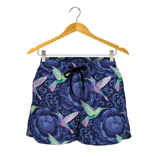 Dark Blue Floral Hummingbird Print Women's Shorts
