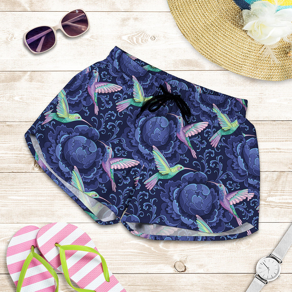 Dark Blue Floral Hummingbird Print Women's Shorts