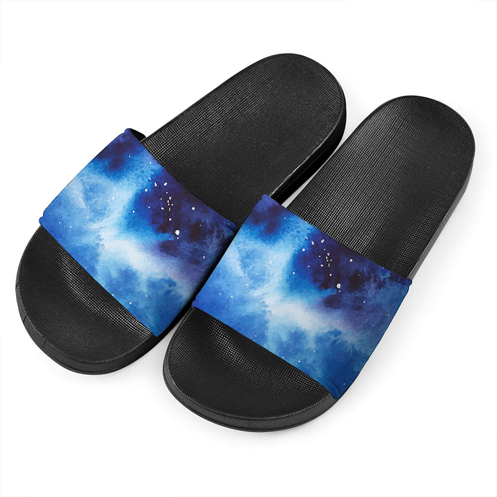 Dark Blue Galaxy Space Print Black Slide Sandals