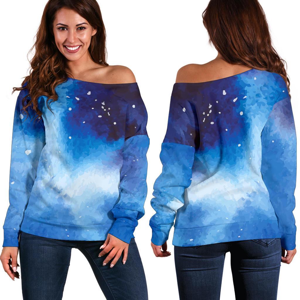 Dark Blue Galaxy Space Print Off Shoulder Sweatshirt GearFrost