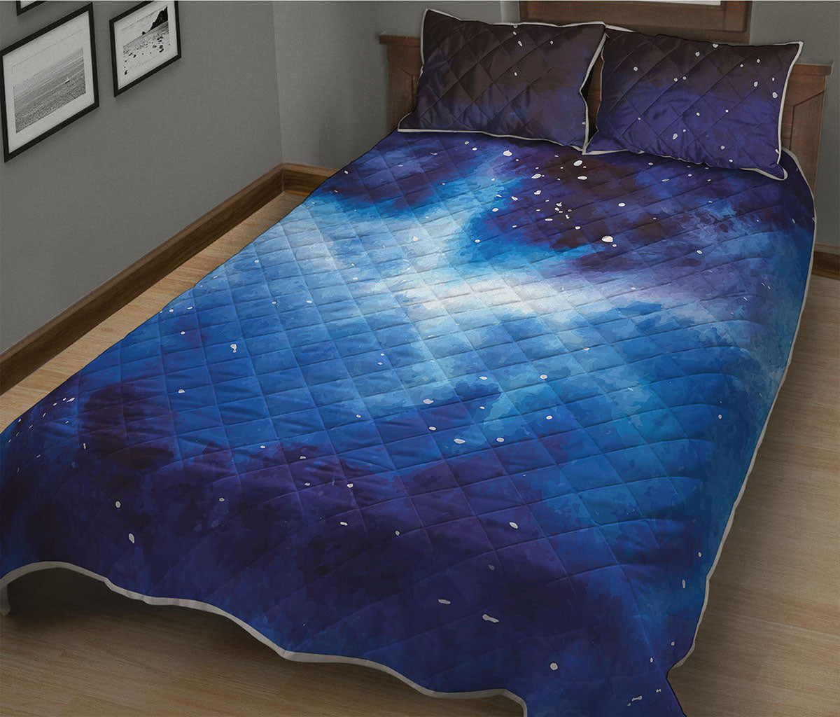 Dark Blue Galaxy Space Print Quilt Bed Set