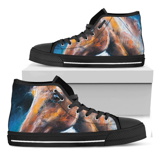 Dark Blue Horse Painting Print Black High Top Shoes