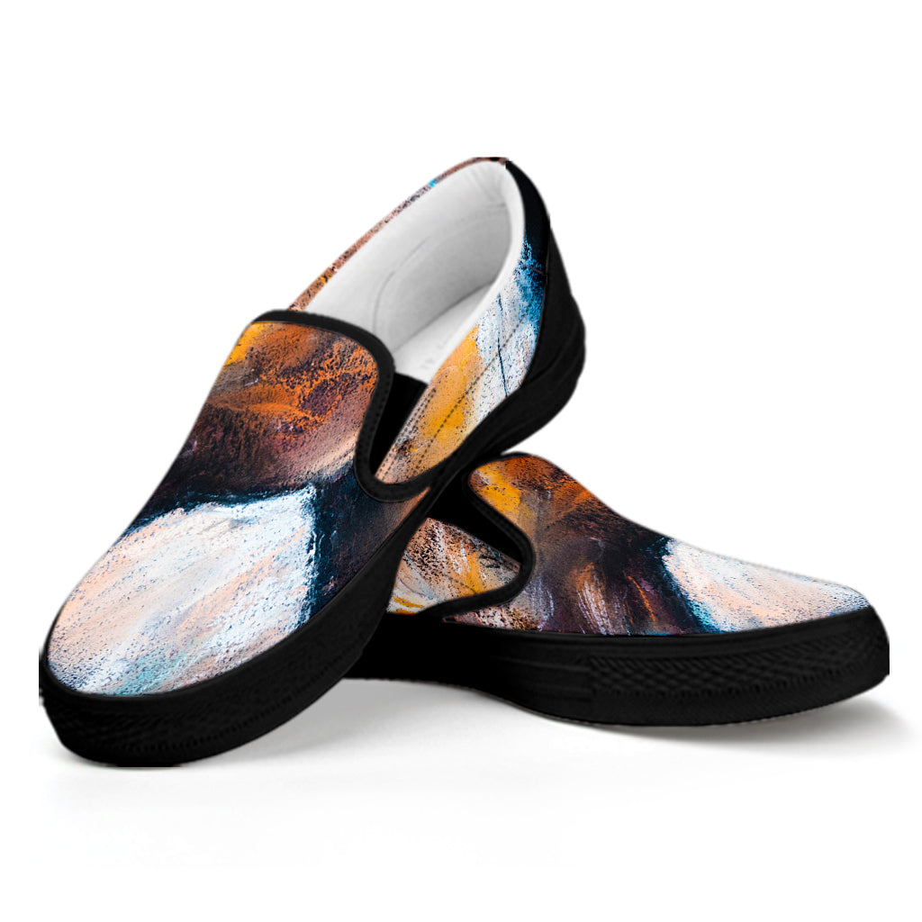 Dark Blue Horse Painting Print Black Slip On Shoes