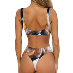 Dark Blue Horse Painting Print Front Bow Tie Bikini