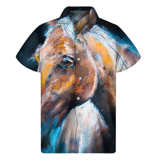 Dark Blue Horse Painting Print Men's Short Sleeve Shirt