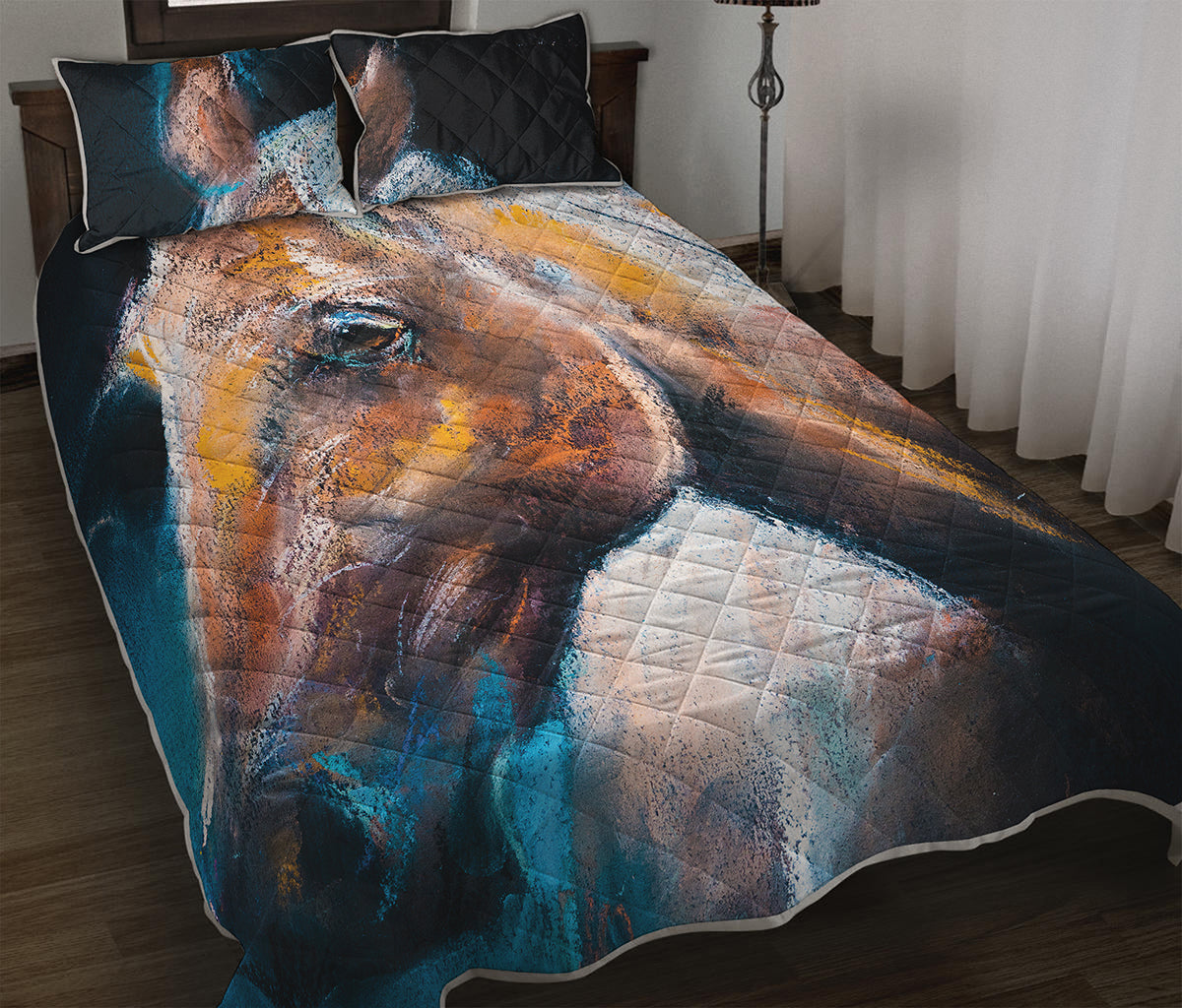 Dark Blue Horse Painting Print Quilt Bed Set