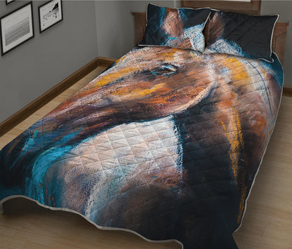 Dark Blue Horse Painting Print Quilt Bed Set