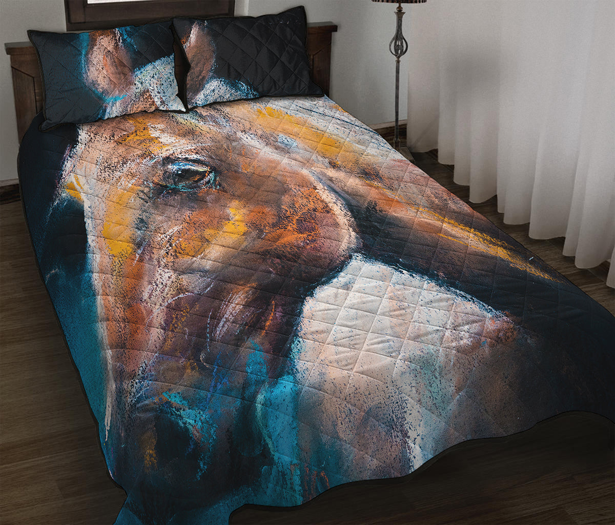 Dark Blue Horse Painting Print Quilt Bed Set