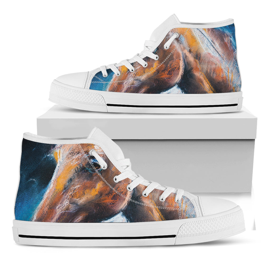 Dark Blue Horse Painting Print White High Top Shoes