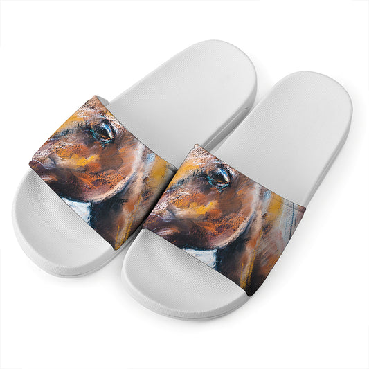 Dark Blue Horse Painting Print White Slide Sandals