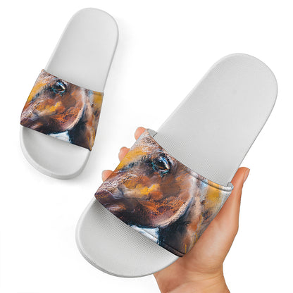 Dark Blue Horse Painting Print White Slide Sandals