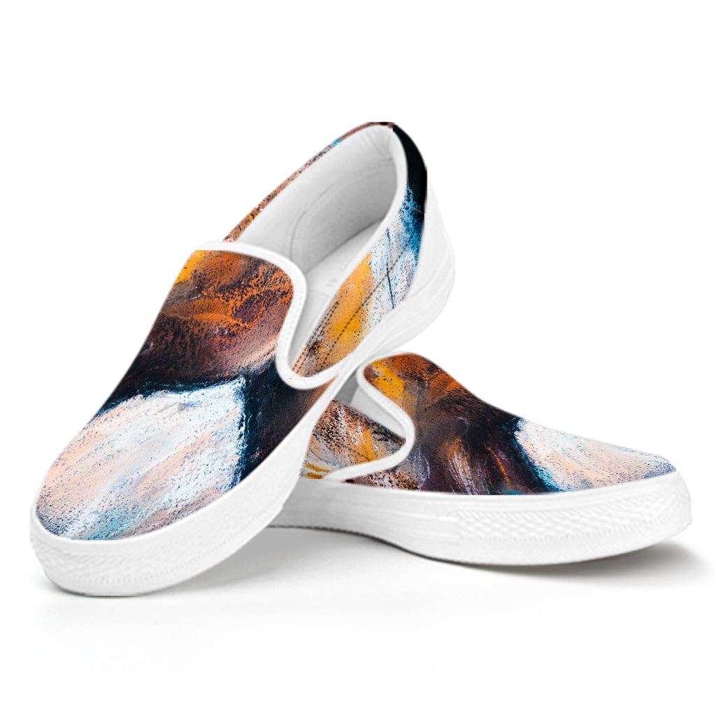 Dark Blue Horse Painting Print White Slip On Shoes