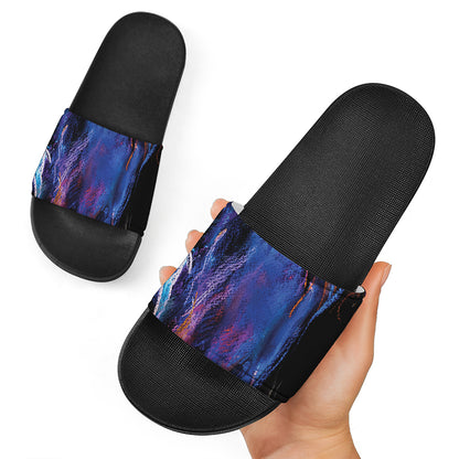 Dark Blue Horse Portrait Print Black Slide Sandals