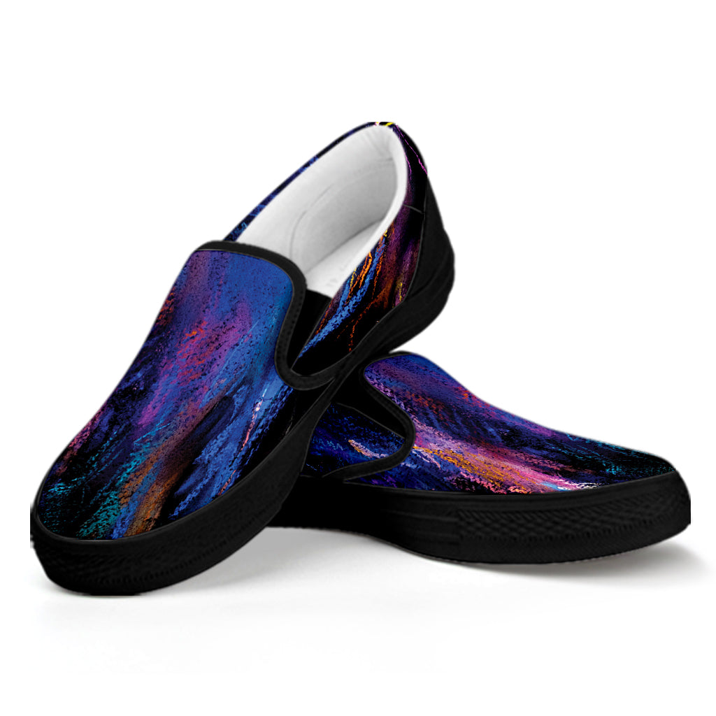Dark Blue Horse Portrait Print Black Slip On Shoes