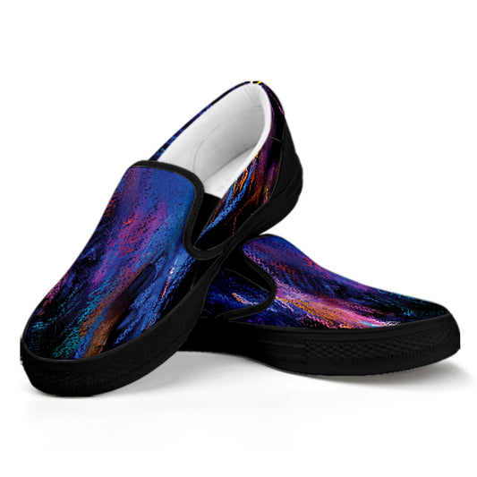 Dark Blue Horse Portrait Print Black Slip On Shoes