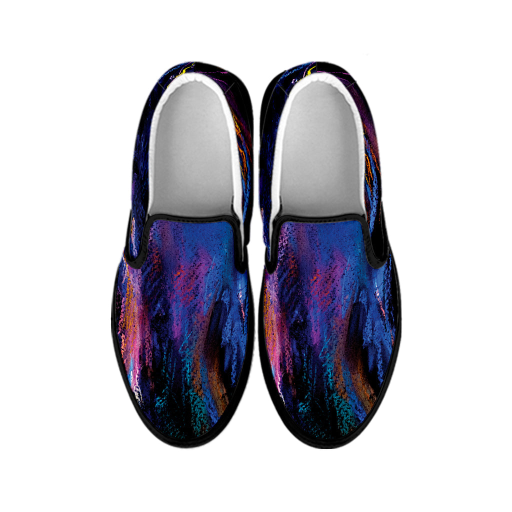 Dark Blue Horse Portrait Print Black Slip On Shoes