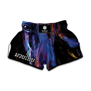 Dark Blue Horse Portrait Print Muay Thai Boxing Shorts