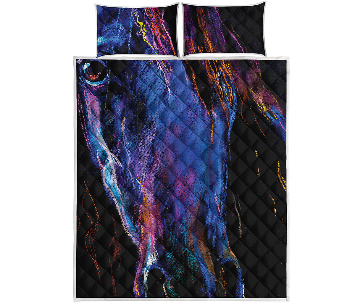 Dark Blue Horse Portrait Print Quilt Bed Set