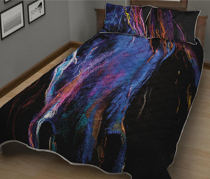 Dark Blue Horse Portrait Print Quilt Bed Set